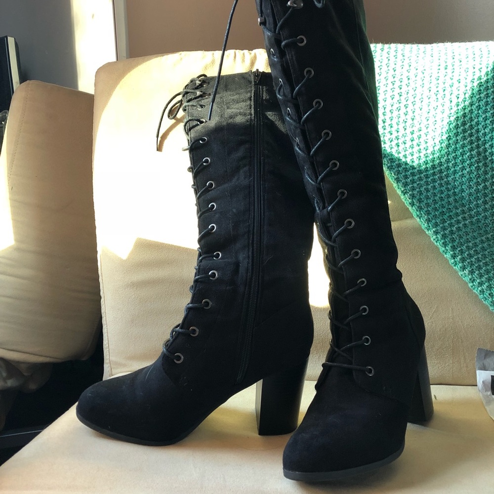 Tall, black, suede, lace up boots